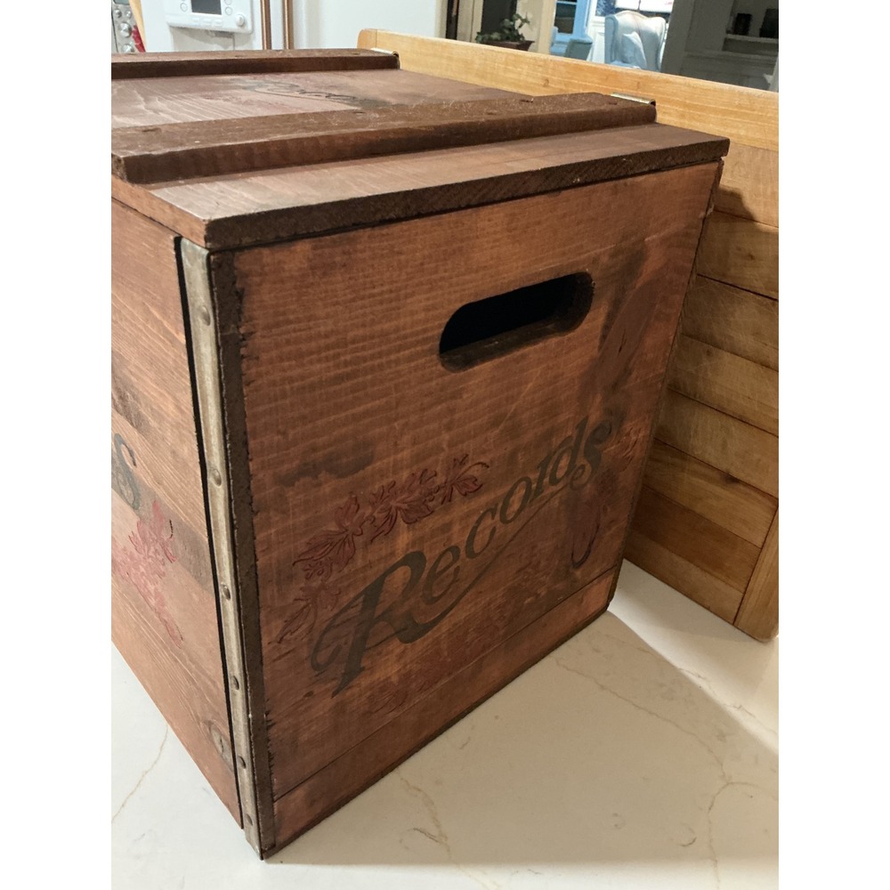 Vintage Wooden Record Storage Crate Vinyl LP Album Chest with Lid Handles